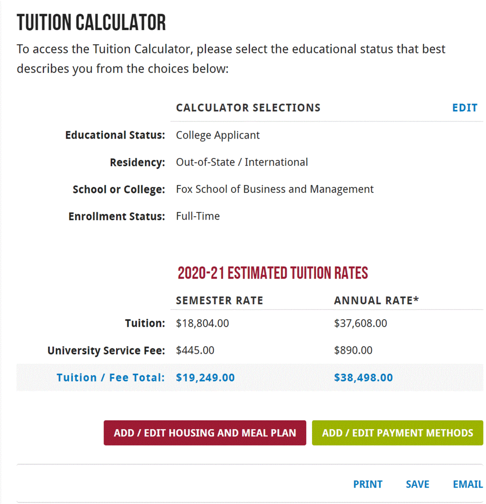 Sample Tuition Calculation Fox School of Business